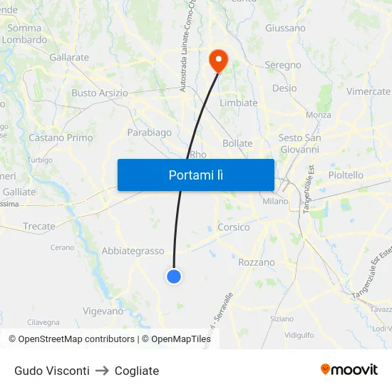 Gudo Visconti to Cogliate map