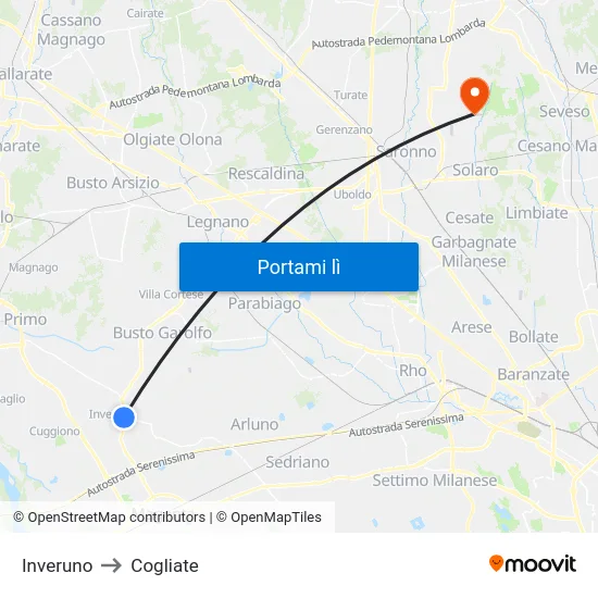 Inveruno to Cogliate map