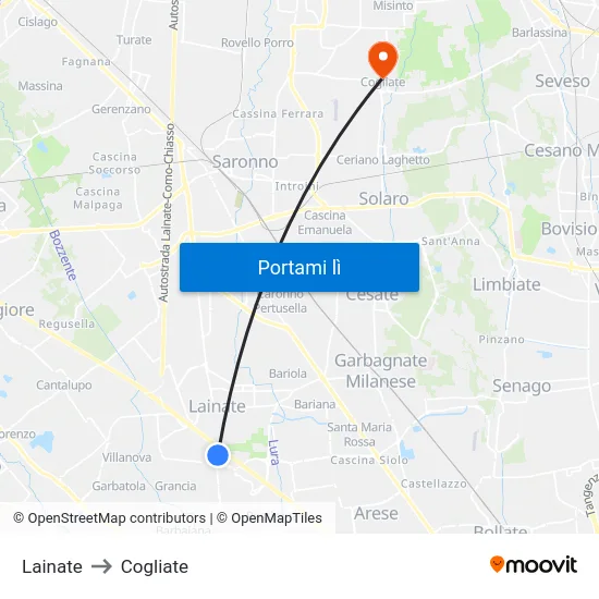 Lainate to Cogliate map