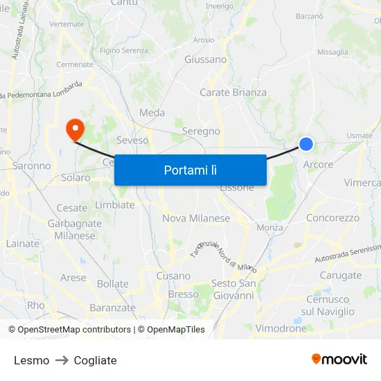 Lesmo to Cogliate map