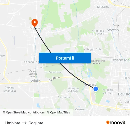 Limbiate to Cogliate map