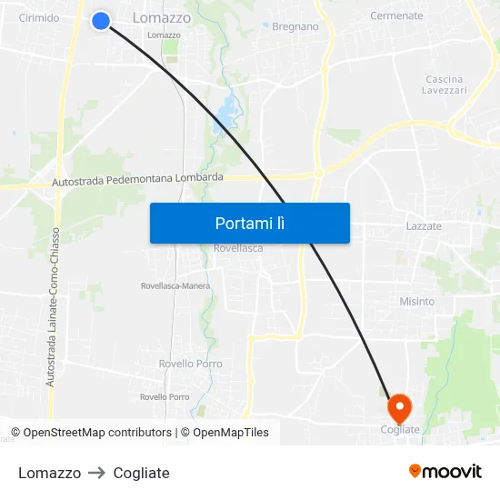 Lomazzo to Cogliate map