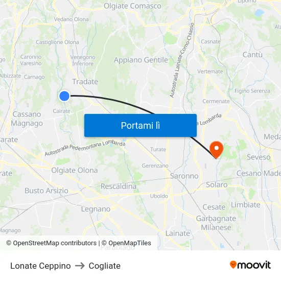 Lonate Ceppino to Cogliate map