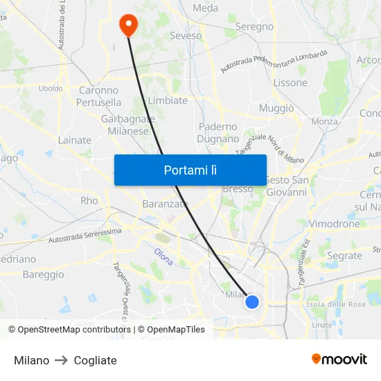 Milano to Cogliate map