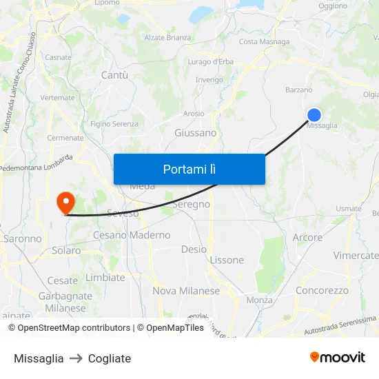 Missaglia to Cogliate map