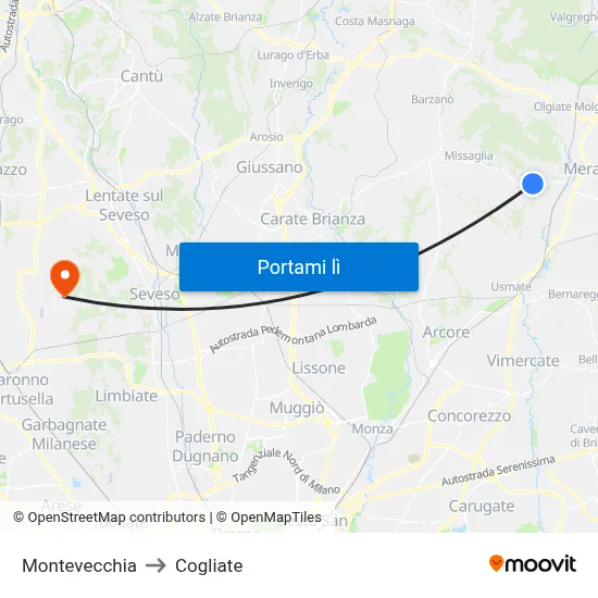 Montevecchia to Cogliate map