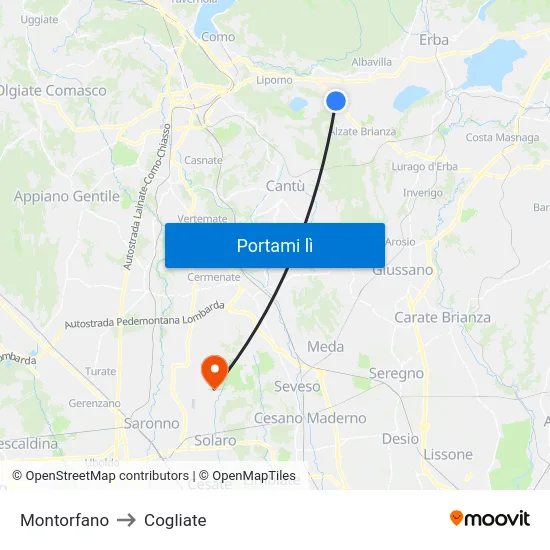 Montorfano to Cogliate map