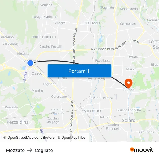 Mozzate to Cogliate map