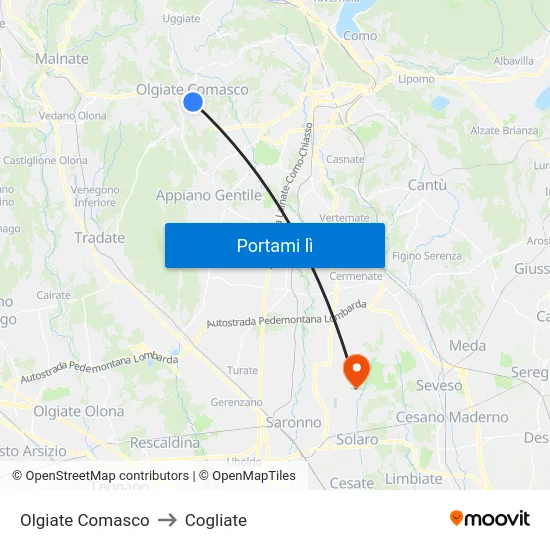 Olgiate Comasco to Cogliate map