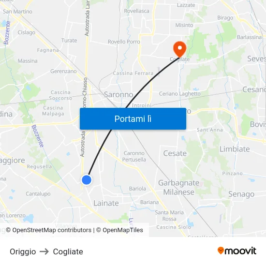 Origgio to Cogliate map