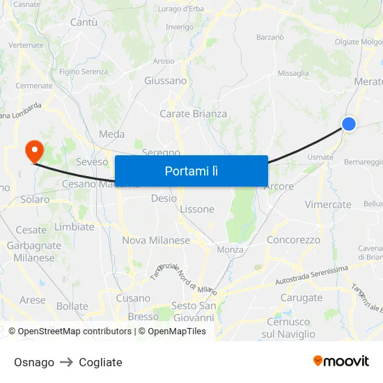 Osnago to Cogliate map