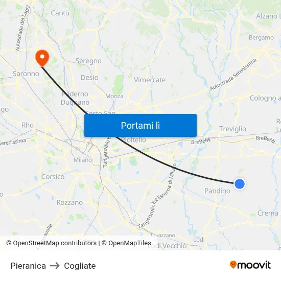Pieranica to Cogliate map