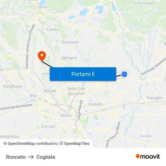 Roncello to Cogliate map