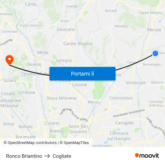 Ronco Briantino to Cogliate map