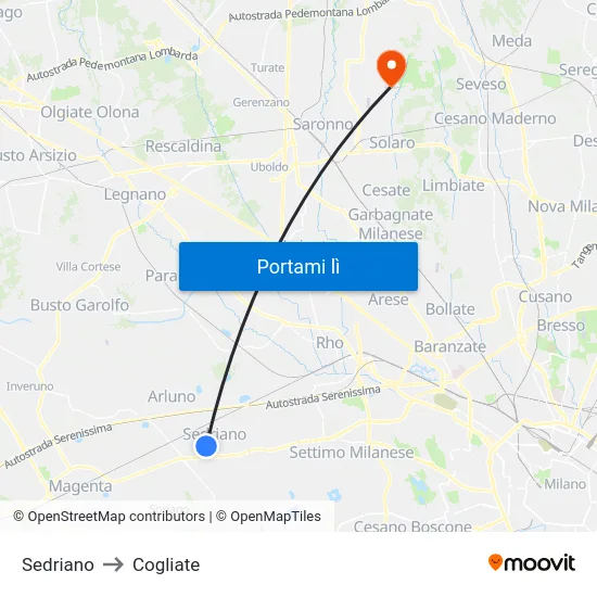 Sedriano to Cogliate map