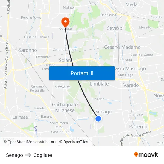 Senago to Cogliate map