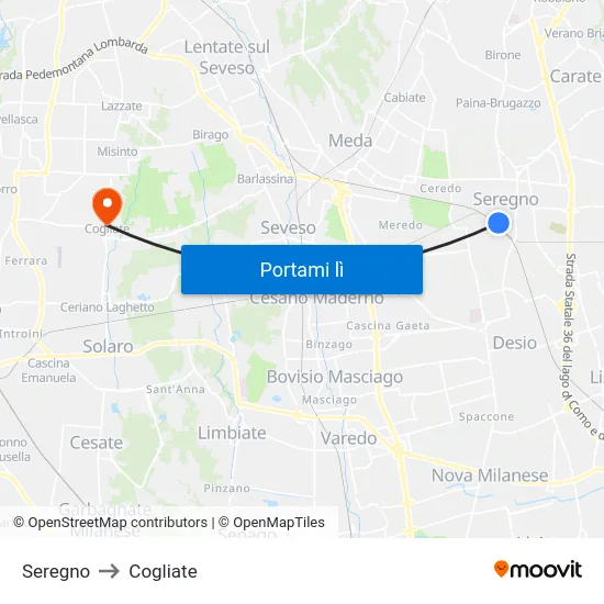 Seregno to Cogliate map