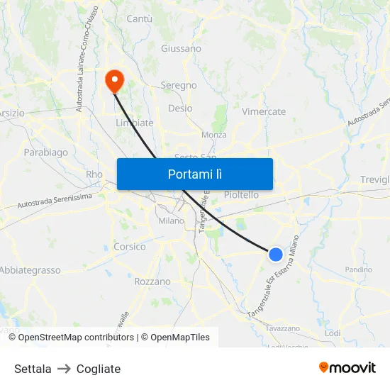 Settala to Cogliate map