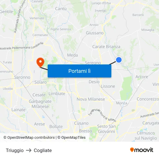 Triuggio to Cogliate map