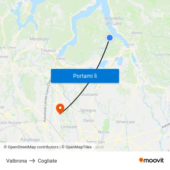 Valbrona to Cogliate map
