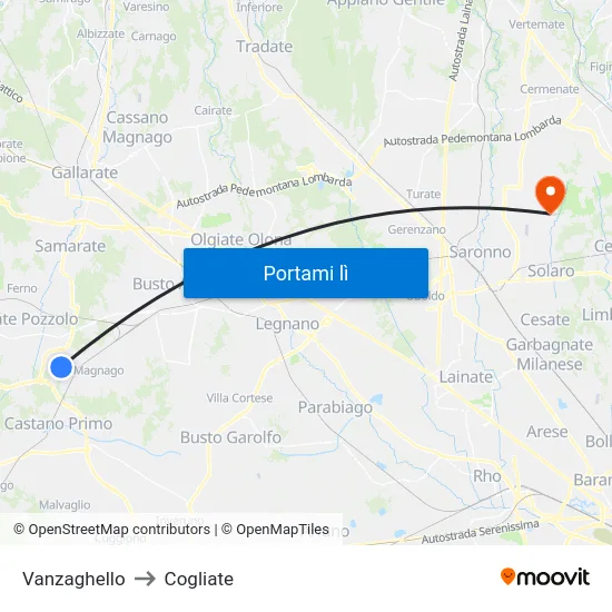 Vanzaghello to Cogliate map