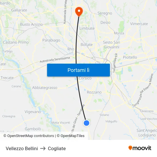 Vellezzo Bellini to Cogliate map