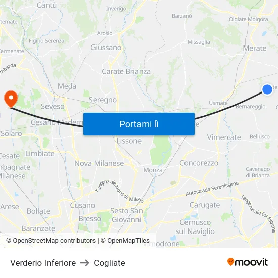 Verderio Inferiore to Cogliate map