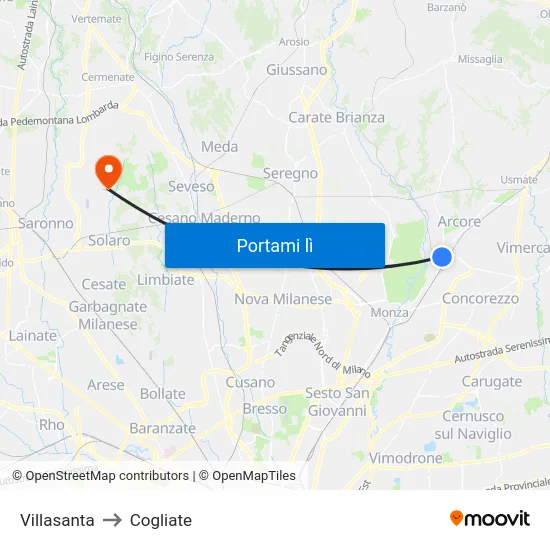 Villasanta to Cogliate map