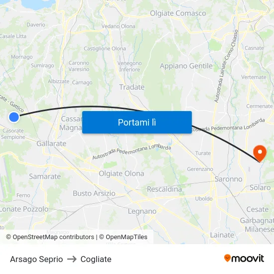 Arsago Seprio to Cogliate map