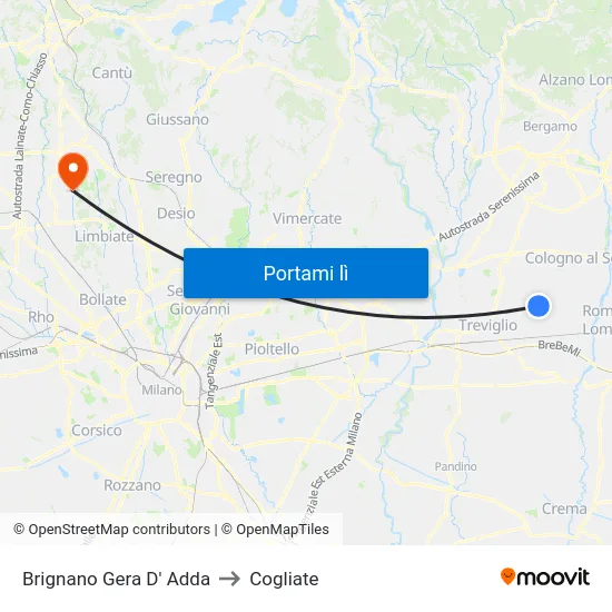 Brignano Gera D' Adda to Cogliate map