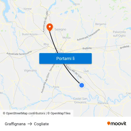 Graffignana to Cogliate map