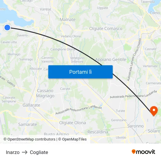 Inarzo to Cogliate map