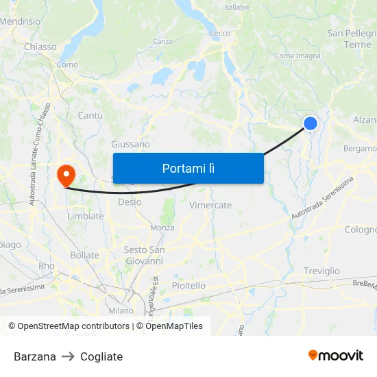 Barzana to Cogliate map
