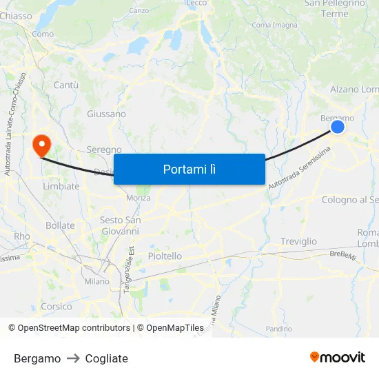 Bergamo to Cogliate map