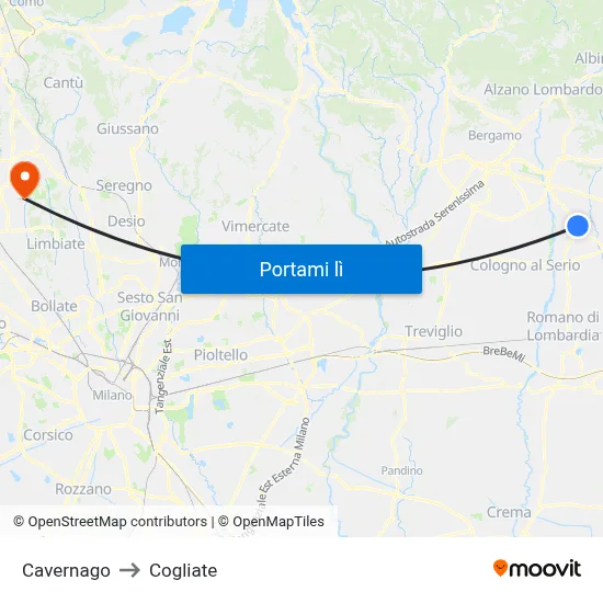 Cavernago to Cogliate map