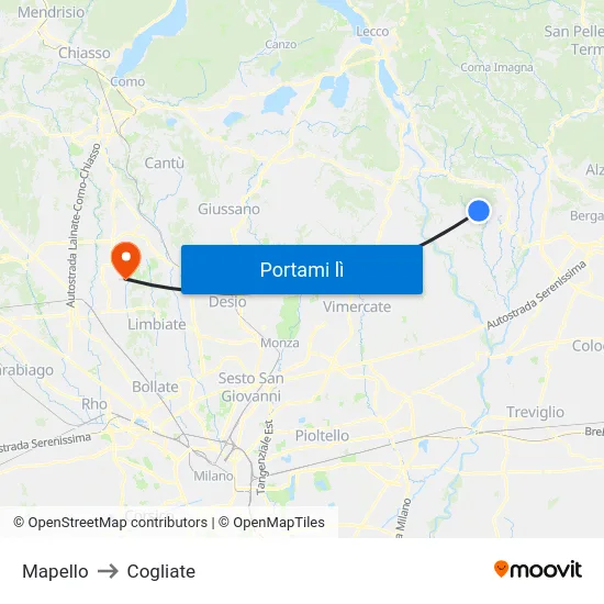Mapello to Cogliate map