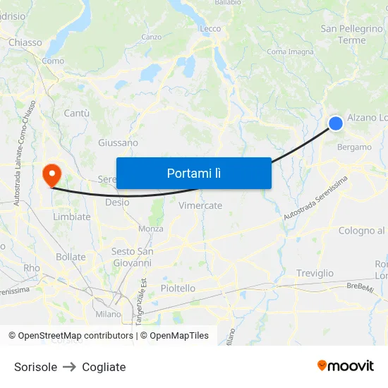 Sorisole to Cogliate map