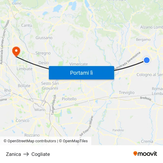Zanica to Cogliate map