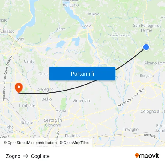 Zogno to Cogliate map