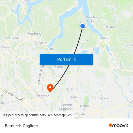 Barni to Cogliate map