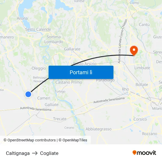 Caltignaga to Cogliate map