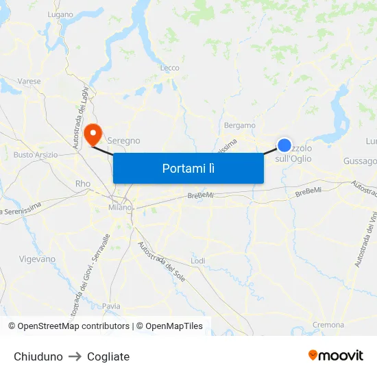Chiuduno to Cogliate map