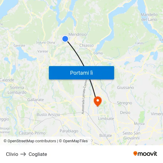 Clivio to Cogliate map