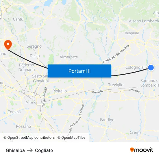 Ghisalba to Cogliate map