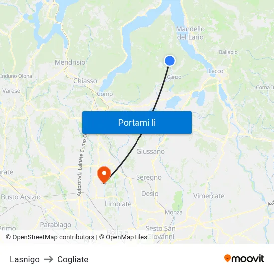 Lasnigo to Cogliate map