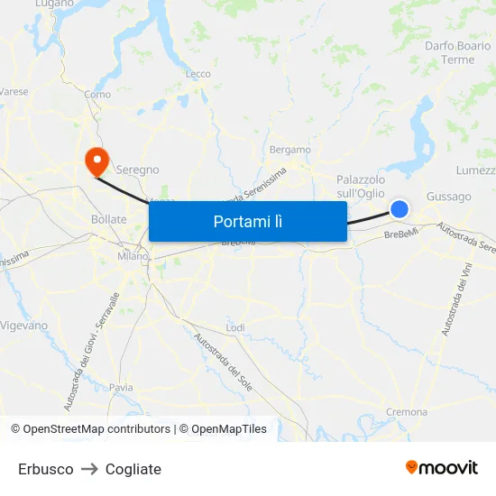 Erbusco to Cogliate map