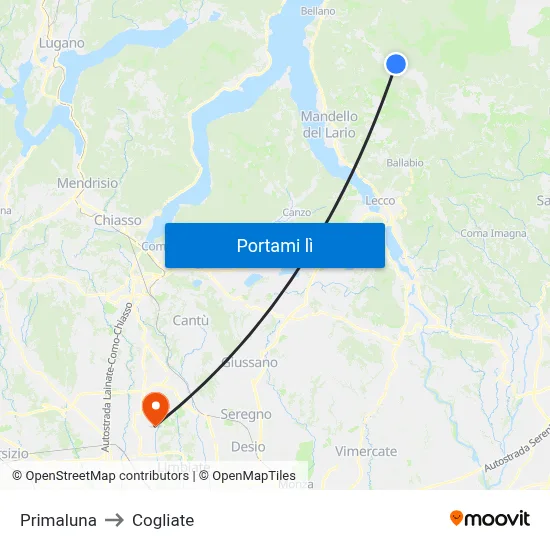 Primaluna to Cogliate map
