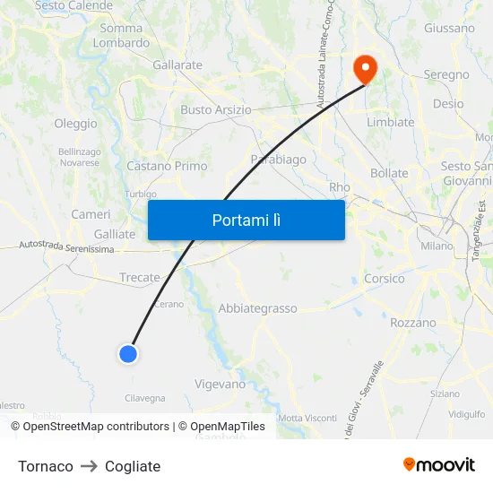 Tornaco to Cogliate map