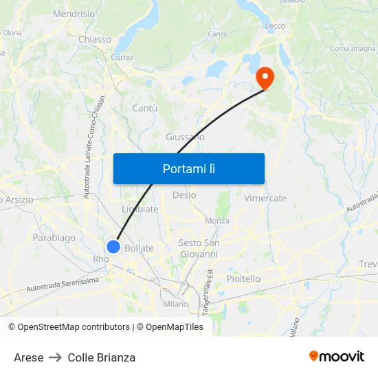 Arese to Colle Brianza map