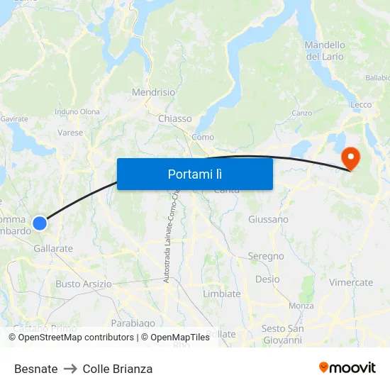 Besnate to Colle Brianza map